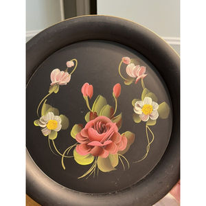 Pair of Vtg Fine Arts Studio Metal Round Serving Tray Hand Painted Floral USA